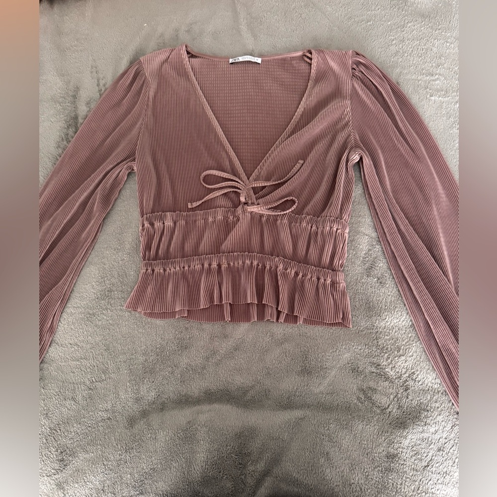 Zara Mauve Ribbed Tie-Front Crop Top